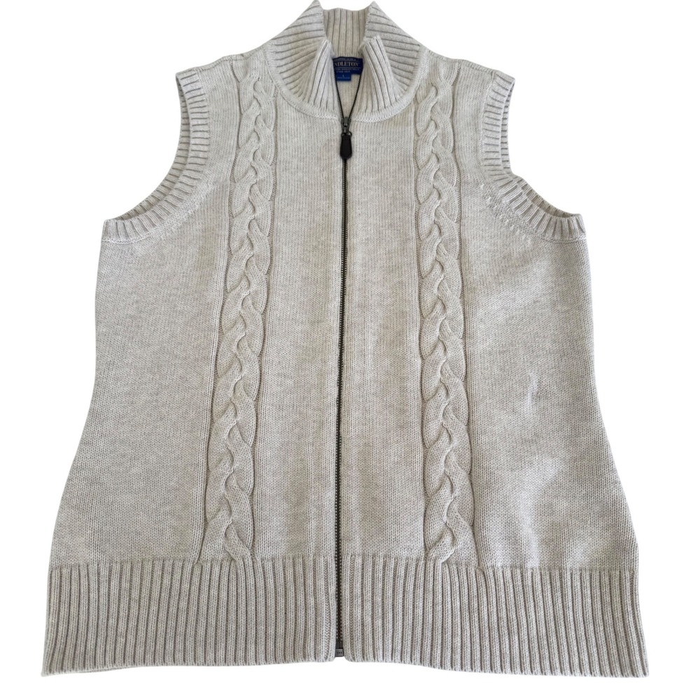Pendleton Cable Knit Sweater Vest Full Zip Mock Neck Cotton Womens L Cottage